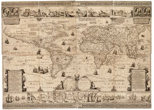 La hoja es un compuesto de ocho secciones y un grabado, pegados sobre cartulina. Escala: aproximadamente 1:35.000.000. de Claes Jansz Visscher