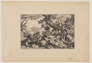 Árbol y melones, de Paisajes (Verscheyden aerdige Lanthuysen...) de Claes Jansz. Visscher