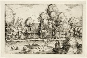 Un estanque, lámina dieciocho después de Cuadros de granjas, casas de campo y aldeas rústicas (Praediorum villarum et rusticarum casularum icones) de Claes Jansz. Visscher II