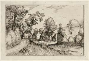 A Village Road, lámina siete después de Cuadros de granjas, casas de campo y aldeas rústicas (Praediorum villarum et rusticarum casularum icones) de Claes Jansz. Visscher II