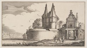 Bastión y ciudad-puerta sobre un río, de Paisajes (Playsante Lantschappen) de Claes Jansz. Visscher II