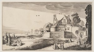 Campo blanqueado frente a un fuerte en un río, de Paisajes (Playsante Lantschappen) de Claes Jansz. Visscher II