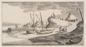 Barcos en tierra cerca de una torre vigía, de Paisajes (Playsante Lantschappen) de Claes Jansz. Visscher II