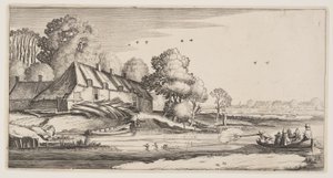 Tiro al pato desde una barca de remos cerca de una granja, de Paisajes (Playsante Lantschappen) de Claes Jansz. Visscher II