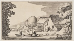 Campesino y campesina en una barca de remos, de Paisajes (Playsante Lantschappen) de Claes Jansz. Visscher II