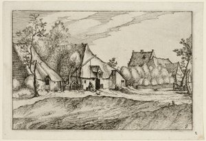 Granjas en una aldea, lámina ocho después de Cuadros de granjas, casas de campo y aldeas rústicas (Praediorum villarum et rusticarum casularum icones) de Claes Jansz. Visscher II
