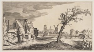 Casa en un estanque a las afueras de un pueblo, de Paisajes (Playsante Lantschappen) de Claes Jansz. Visscher II