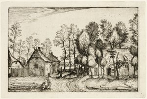 Paisaje con árboles cortados, lámina diecisiete según Cuadros de granjas, casas de campo y aldeas rústicas (Praediorum villarum et rusticarum casularum icones) de Claes Jansz. Visscher II