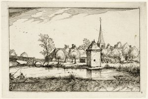 Estanque y aldea, lámina quince después de Cuadros de granjas, casas de campo y aldeas rústicas (Praediorum villarum et rusticarum casularum icones) de Claes Jansz. Visscher II