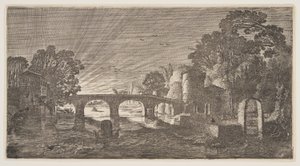 Puesta de sol sobre un río, de Paisajes (Playsante Lantschappen) de Claes Jansz. Visscher II