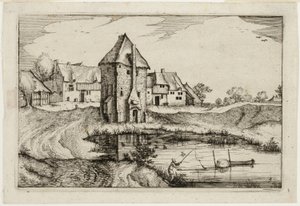 El estanque, lámina nueve después de Cuadros de granjas, casas de campo y aldeas rústicas (Praediorum villarum et rusticarum casularum icones) de Claes Jansz. Visscher II