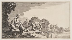 Los tres artilleros, de Paisajes (Playsante Lantschappen) de Claes Jansz. Visscher II