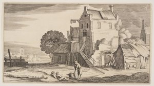 Tres figuras conversando cerca de una posada, de Paisajes (Playsante Lantschappen) de Claes Jansz. Visscher II