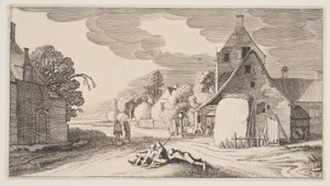 Tres campesinos descansando en una encrucijada de un pueblo, de Paisajes (Playsante Lantschappen) de Claes Jansz. Visscher II