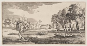 Viajeros en barcas de remos acercándose a un pueblo, de Paisajes (Playsante Lantschappen) de Claes Jansz. Visscher II