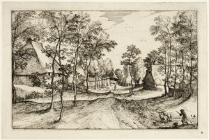 Village Road, lámina catorce después de Cuadros de granjas, casas de campo y aldeas rústicas (Praediorum villarum et rusticarum casularum icones) de Claes Jansz. Visscher II