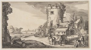 Torre de vigilancia cerca de un río, de Paisajes (Playsante Lantschappen) de Claes Jansz. Visscher II