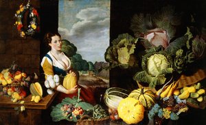 Una joven en un puesto de frutas y verduras