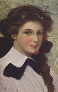 Chica con cerezas en la boca