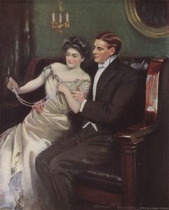 Mujer recibiendo un collar de perlas como regalo de Clarence F. Underwood