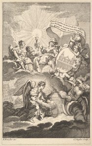 Frontispicio, de La construcción de St. Sulpice por Alexis Piron, ca. 1744