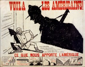 Aquí están los americanos y lo que América nos trae - cartel sobre el esfuerzo de guerra americano, ilustrado por Charles Saunier (nacido en 1865)