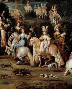 Ecuyeres cazando con halcón (detalle) de una pintura de Claude Deruet (1588-1662) de Claude Deruet