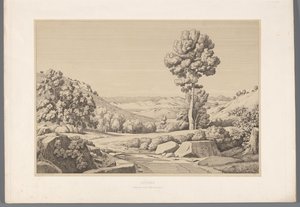 Landschap conoció a weg Attica (título sobre el objeto) Vistas de los sitios más famosos de la antigua Grecia (...) (título de la serie) de Claude Félix Théodore Caruelle d