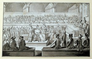 La reina de Francia María Antonieta ante el Tribunal Revolucionario: días 14,15,16/10/1793 El abogado que llevó su defensa en su caso es Claude Francois Chauveau-Lagarde (1756-1841). Dibujo en tinta negra Dim. 0,097x0,15 m. París, Museo del Louvre