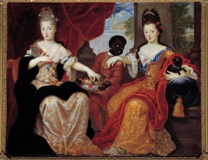 Retratos de Mademoiselle de Blois y Mademoiselle de Nantes servidas por su sirviente negro". Mademoiselle de Blois (1677-1749), futura esposa de Luis de Borbón, Mademoiselle de Nantes (1673-1743), futura duquesa de Orleans. Pintura de Claude Francois V de Claude Francois Vignon