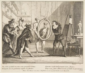 Pierrot y Scaramouche muestran el retrato de Arlequín de Claude Gillot, Jacques Gabriel Huquier