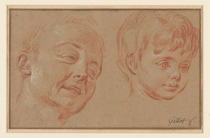 Boceto de dos cabezas de Claude Gillot (possibly)