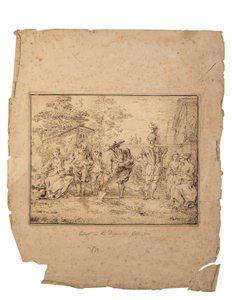 Les quatre âges de la vie: Siete figuras en un jardín, una cavando con una pala (pluma y tinta marrón) de Claude Gillot