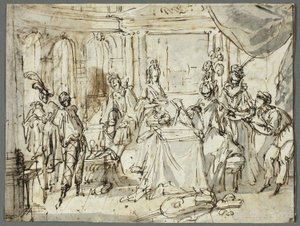 Los actores preparándose (recto); Estudios de la Sagrada Familia y San Juan Bautista (verso)