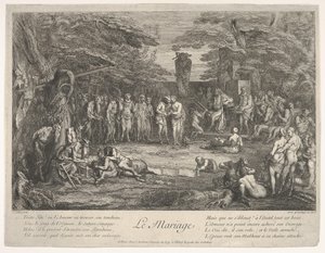 El matrimonio: en un bosque, un viejo sátiro casa a los prometidos en el centro, ca. 1700-1720