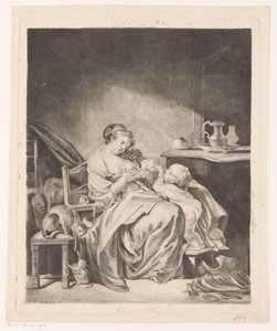 Interior con una mujer sentada alimentando a su hijo de Claude Henri Watelet