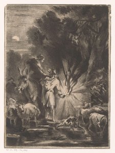 Paisaje nocturno con pastor y pastora junto a un arroyo de Claude Henri Watelet