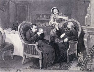 Después de la cena: Dos sacerdotes toman café y digestivo, servidos por su criada.
