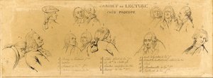 Figuras principales de "Voltaire en la sala de lectura en Procope" de Claude Jacquand