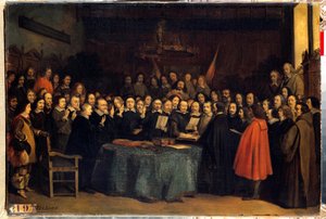 La paz de Westfalia, el juramento después de la ratificación de la paz entre los españoles y los neerlandeses, en el Ayuntamiento de Münster el 15/05/1648. Terminaron la Guerra de los Treinta Años de Claude Jacquand