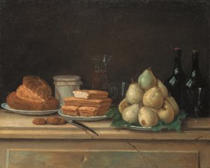 Peras y pan en platos, con botellas de vino y copas en un alféizar de piedra (óleo sobre lienzo)