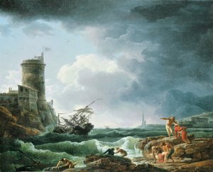 Tormenta con naufragio junto a una fortaleza, un náufrago en primer plano, 1769 de Claude Joseph Vernet