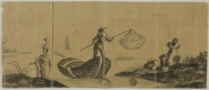 Chinoiserie con hombre pescando desde un bote, mujer y niño de pie en la orilla de Claude Joseph Vernet