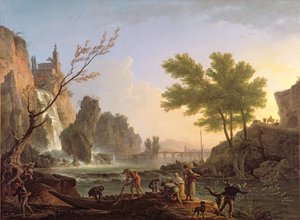 Pescador en un paisaje con una cascada y un puente de Claude Joseph Vernet