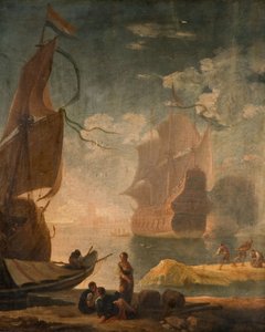 Escena de puerto con barco de guerra y figuras en un muelle de Claude Joseph Vernet
