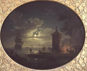 Noche: un paisaje costero iluminado por la luna con pescadores junto a un fuego en un muelle, un barco de guerra más allá