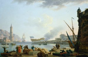 El lanzamiento del buque de guerra en la boca de un puerto, 1781 de Claude Joseph Vernet