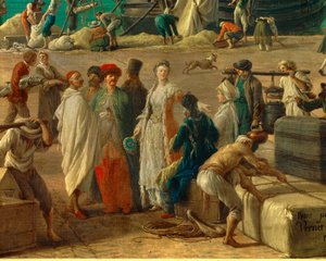 (detalle) El puerto de Marsella en el siglo XVIII. Detalle que representa la descarga de mercancías. Pintura de Joseph Vernet (1714-1789)