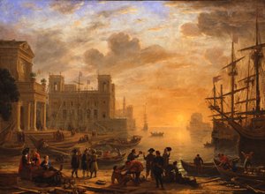 Un paisaje portuario al atardecer de Claude Lorrain