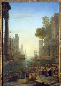 Paisaje con el barco de Santa Paula Romana en Ostia. Santa Paula deja a sus hijos para viajar a Tierra Santa. Lienzo, 211 x 145 cm - Embarque de Santa Paula a Ostia. Santa Paula (347-404 o 407), viuda romana, discípula de San Jerónimo. Pintura de Claude Lo